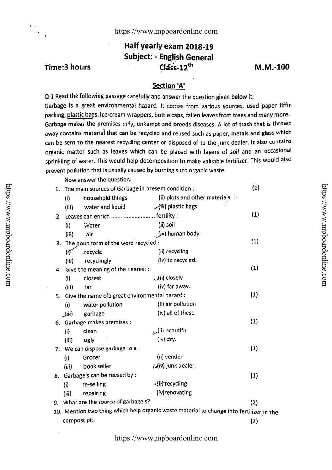 Mp Board Class 12 Hy English General 231021 2019 Pdf - mpbooksolution.in